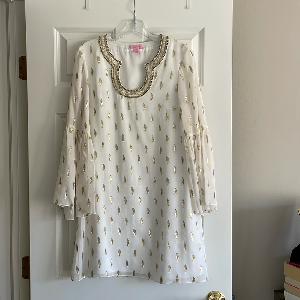 Lily Pulitzer White Long Sleeve Dress Gold/Silver feathers appliqué - Size 6
